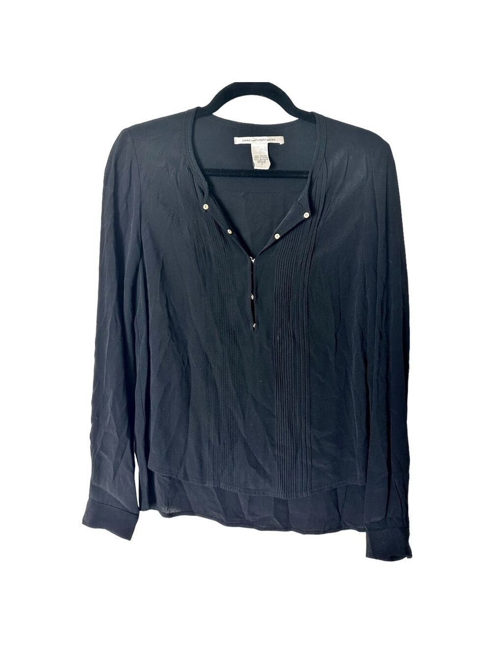 Diane Von Furstenberg Hi Low Blouse Women's Size 2 Black Chiffon Gold Luxury